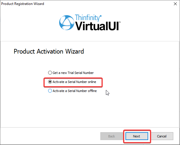  We will choose the activate a Serial Number Online option and press Next.