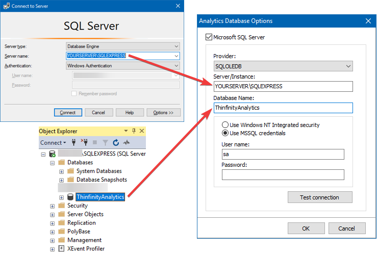 Into the fields ‘Server/Instance’ and ‘Database Name’, type the values corresponding to your SSMS configuration (‘ThinfinityAnalytics’ comes by default):