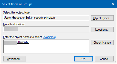 Click on ‘Add’ below the ‘Users and Groups’ section and select an AD User or Group, then click ‘OK’: