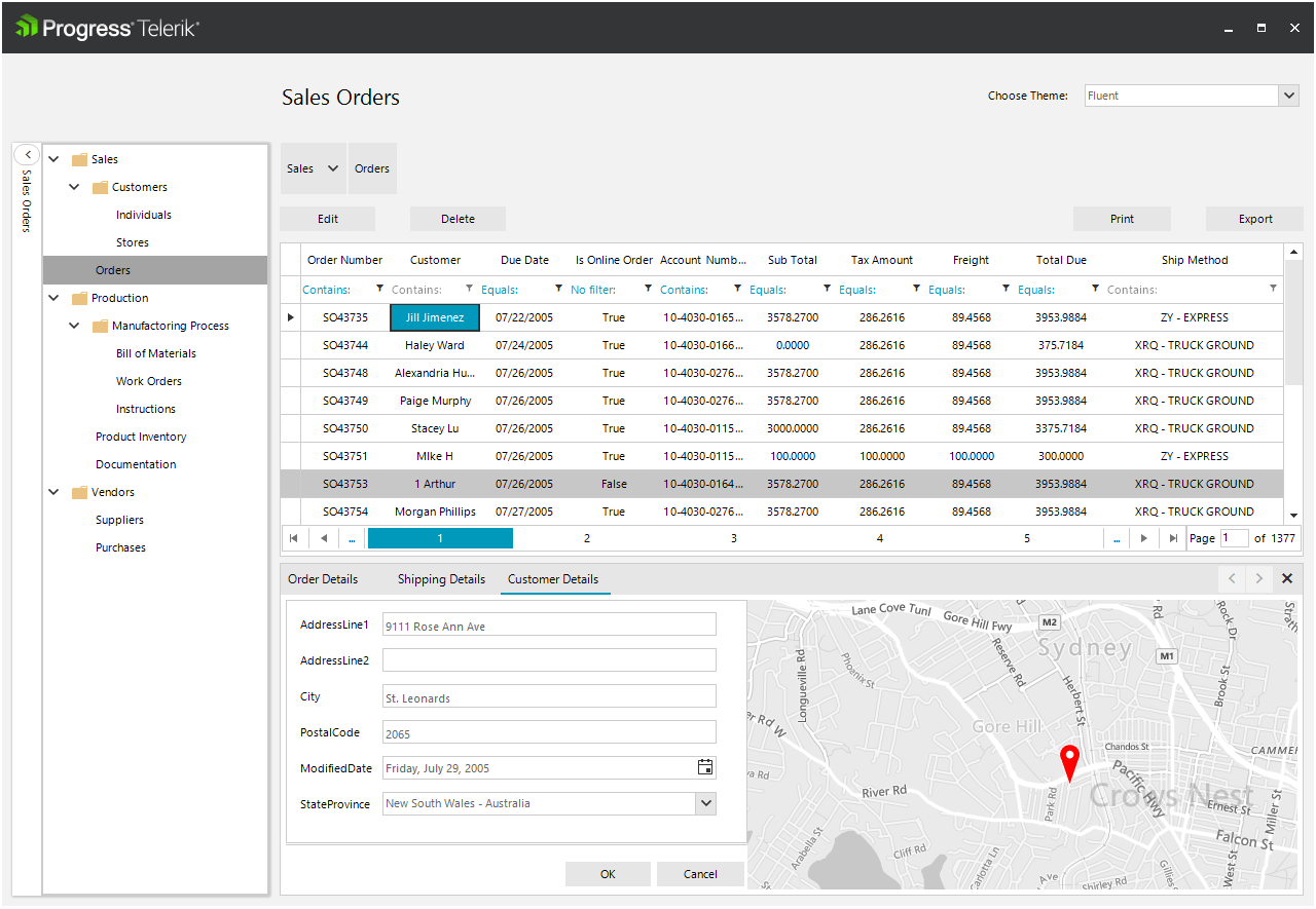  Sales ERP system built using WinForms, a popular desktop application framework. The interface includes a navigation panel on the left with sections like "Dashboard," "Sales Orders," "Customers," "Products," "Inventory," "Purchasing," and "Reports," providing users with organized access to different modules of the ERP system