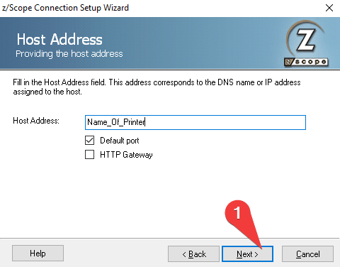 z/Scope Connection setup wizard printer name step 5