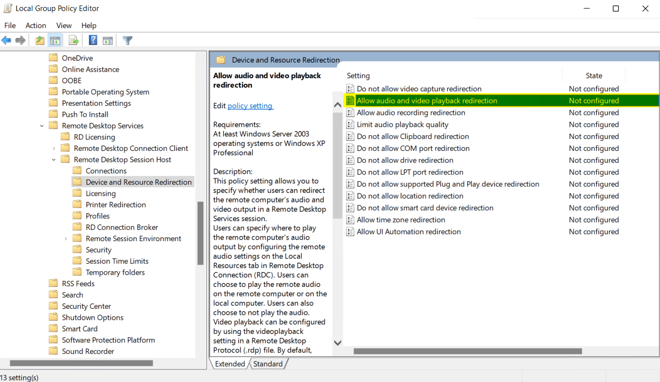 Allow audio and video playback redirection - How to enable Bidirectional Audio Redirection