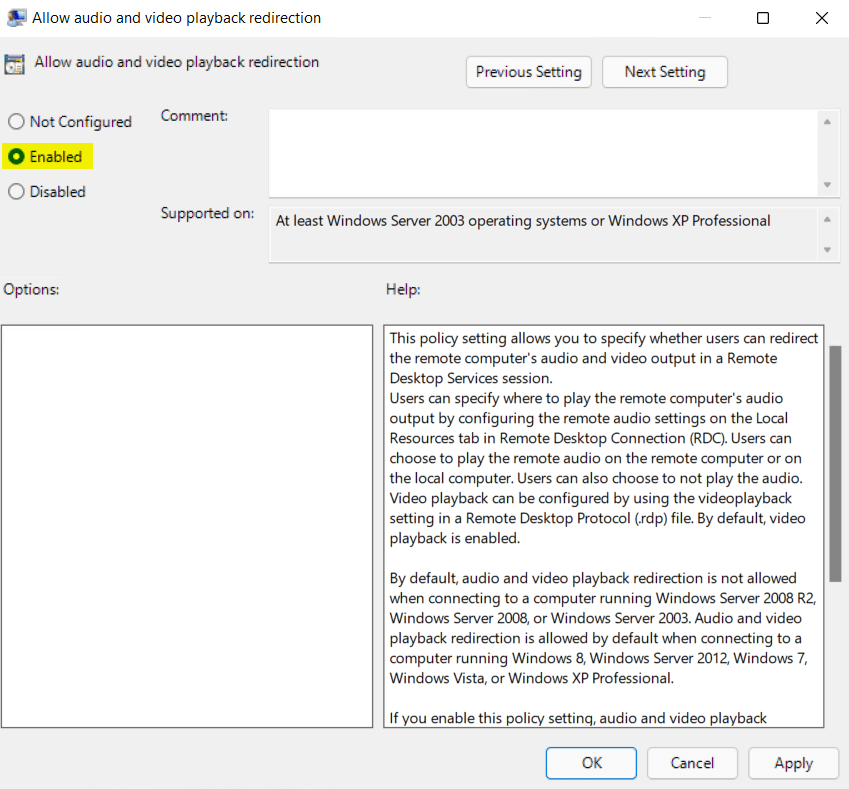 Enabled audio and video playback redirection - How to enable Bidirectional Audio Redirection