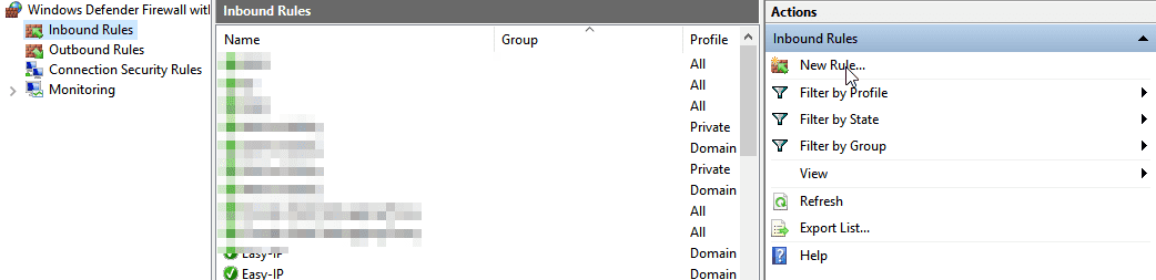 New inbound rule - Azure