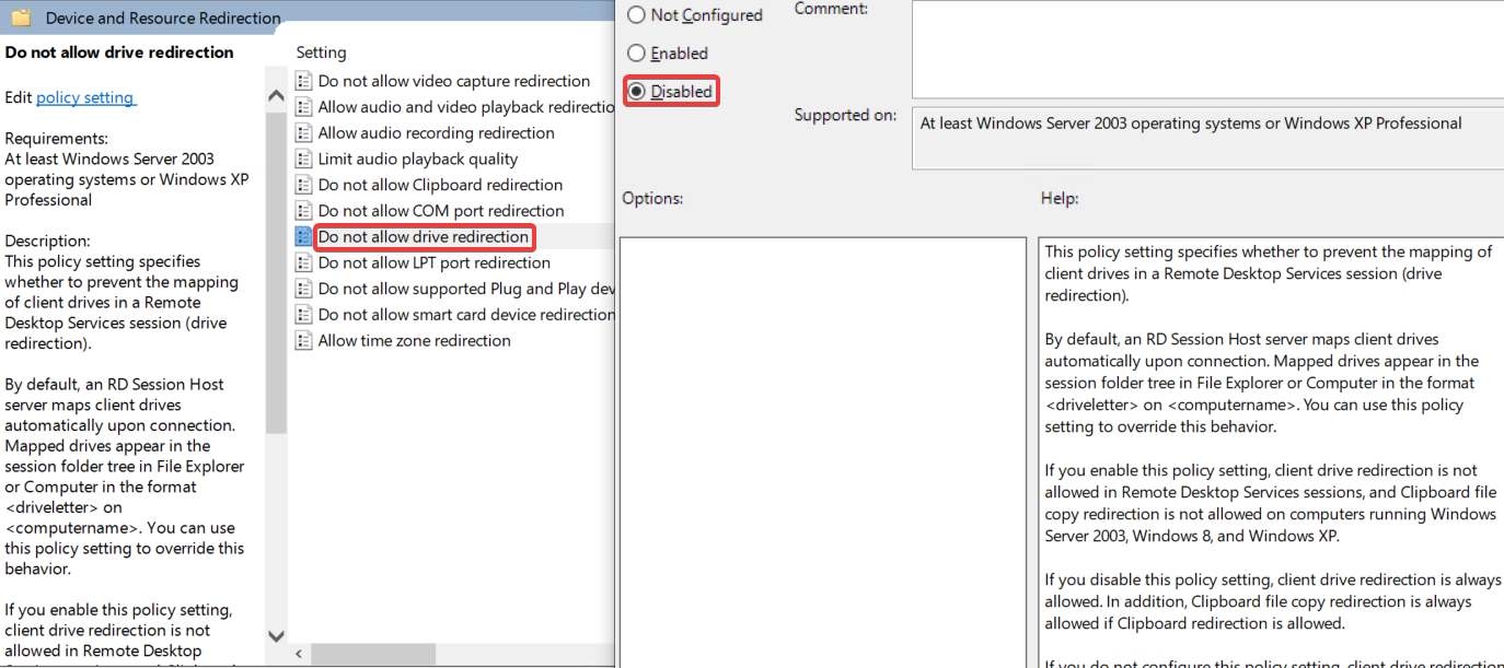 Allow audio, clipboard and drive redirection via policy, step 05