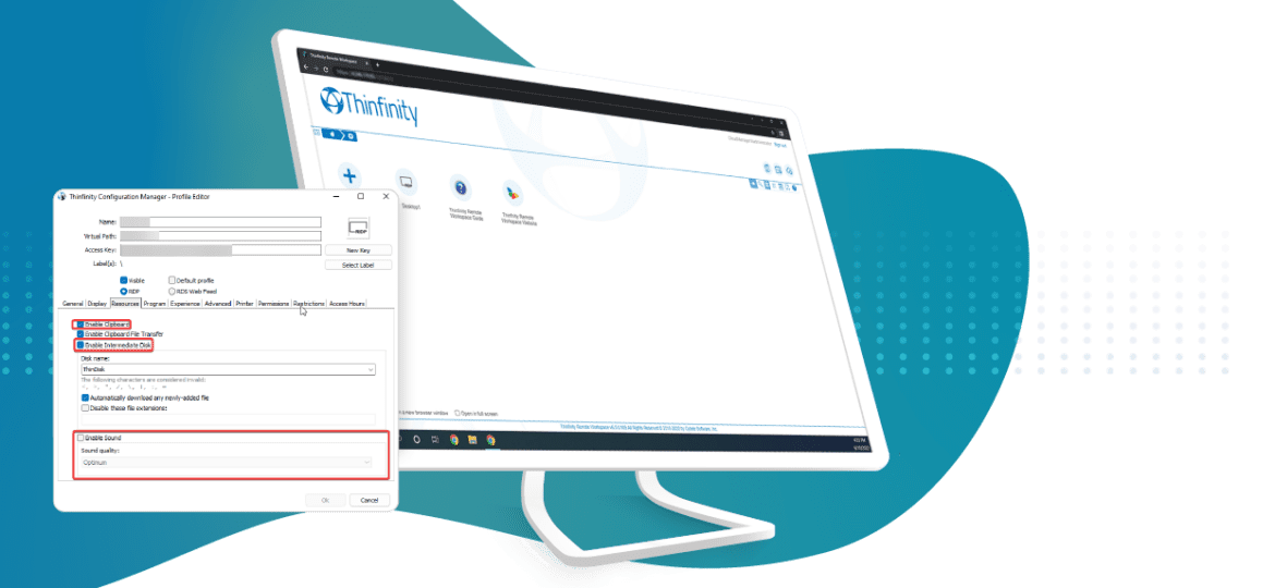 Allow audio, clipboard and drive redirection via policy thinfinity Workspace