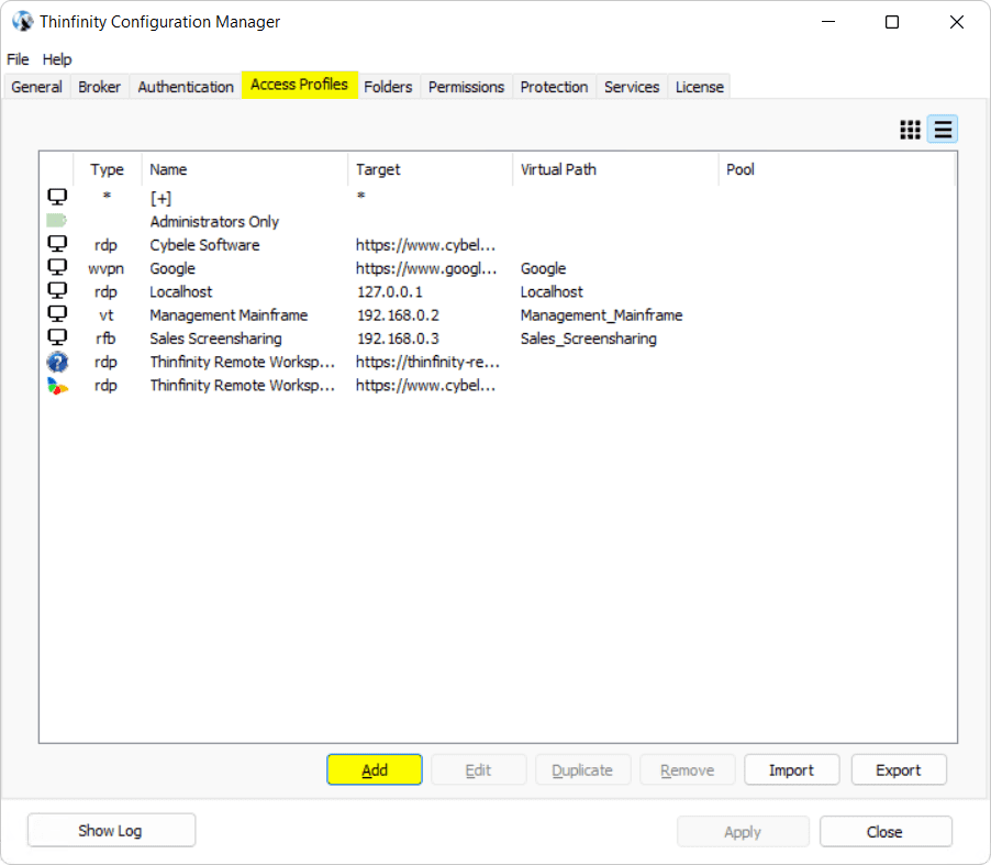 Thinfinity Workspace configuration manager - access profiles