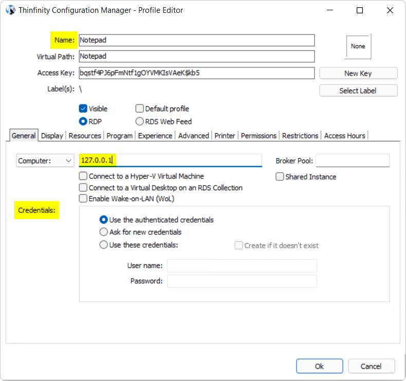 Thinfinity Workspace configuration manager - Configure access profile
