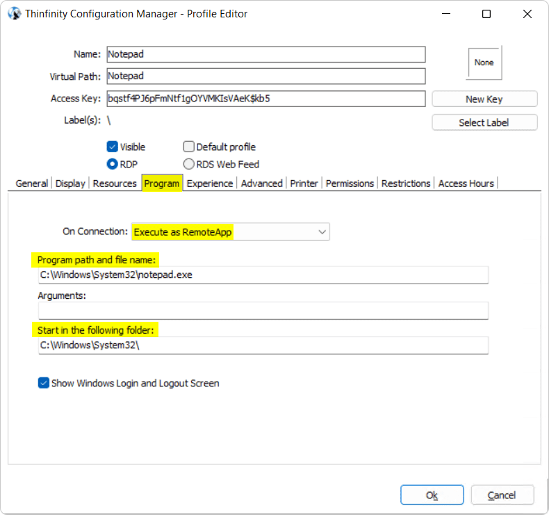 Thinfinity Workspace configuration manager - RemoteApp setup