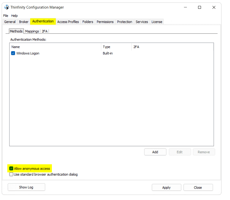 Thinfinity Workspace configuration manager - Allow anonymous access