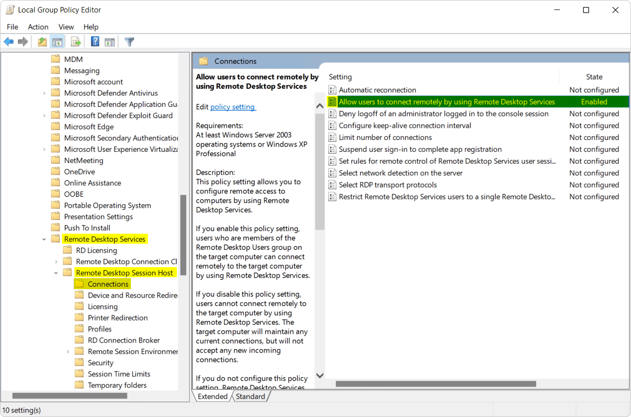 Enable group policy - Remote desktop services setup