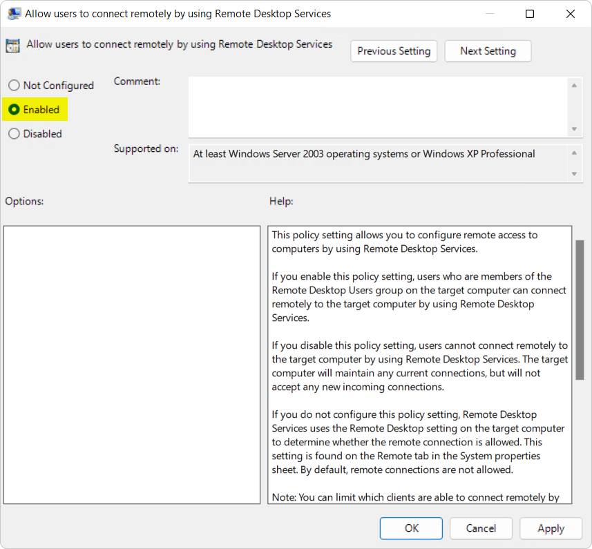 Enable group policy - Remote desktop services setup