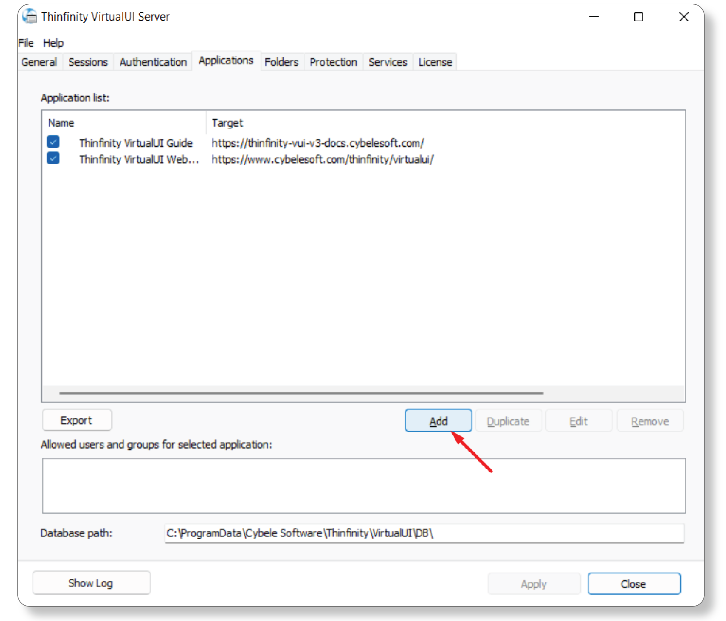 Thinfinity add button - screenshot