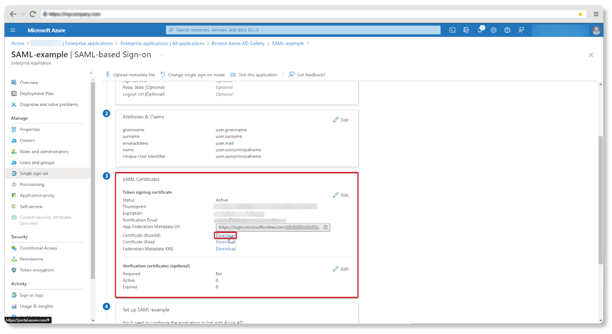 Downloading SAML certificate - screenshot