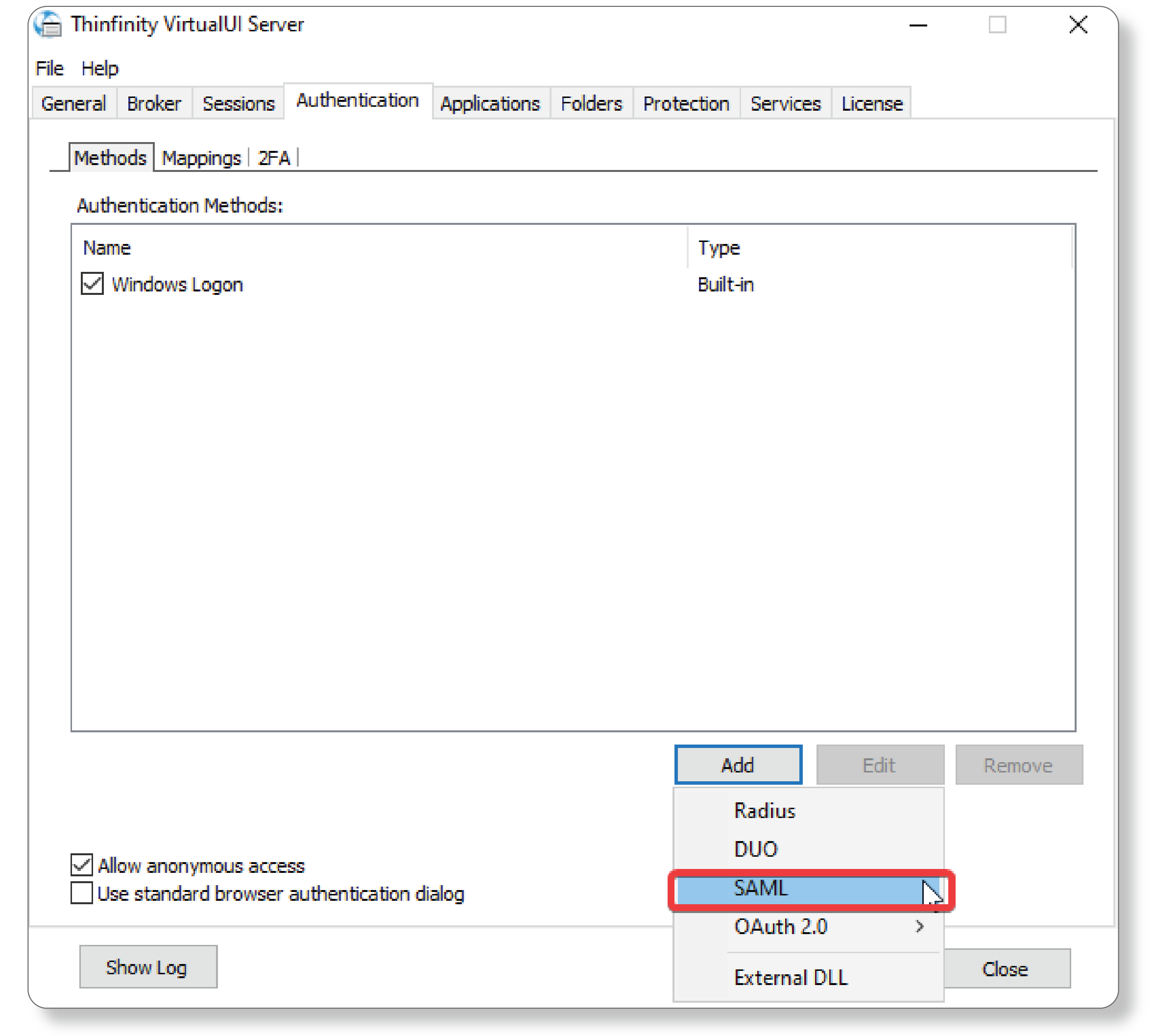 Thinfinity VirtualUI Server Authentication setup - screenshot