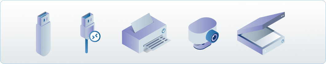 Peripheral support in Thinfinity Workspace 8, including USB devices, printers, webcams, and scanners for remote access integration. 