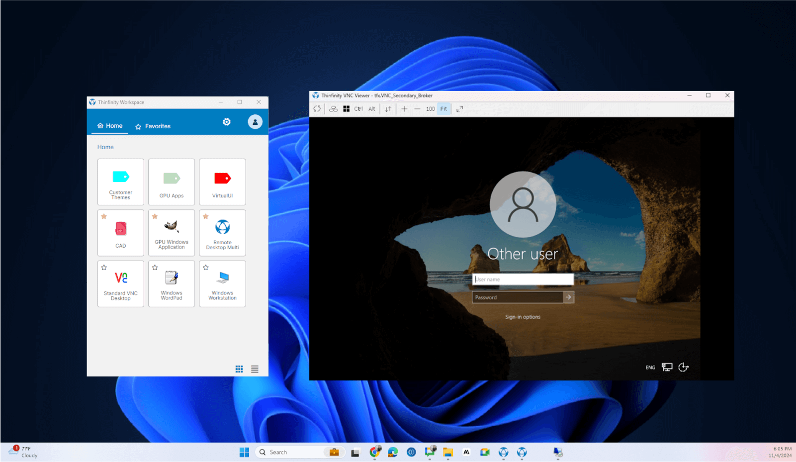 Thinfinity Workspace in standard mode with active remote VNC session, providing secure access to Windows login screen through Thinfinity VNC Viewer