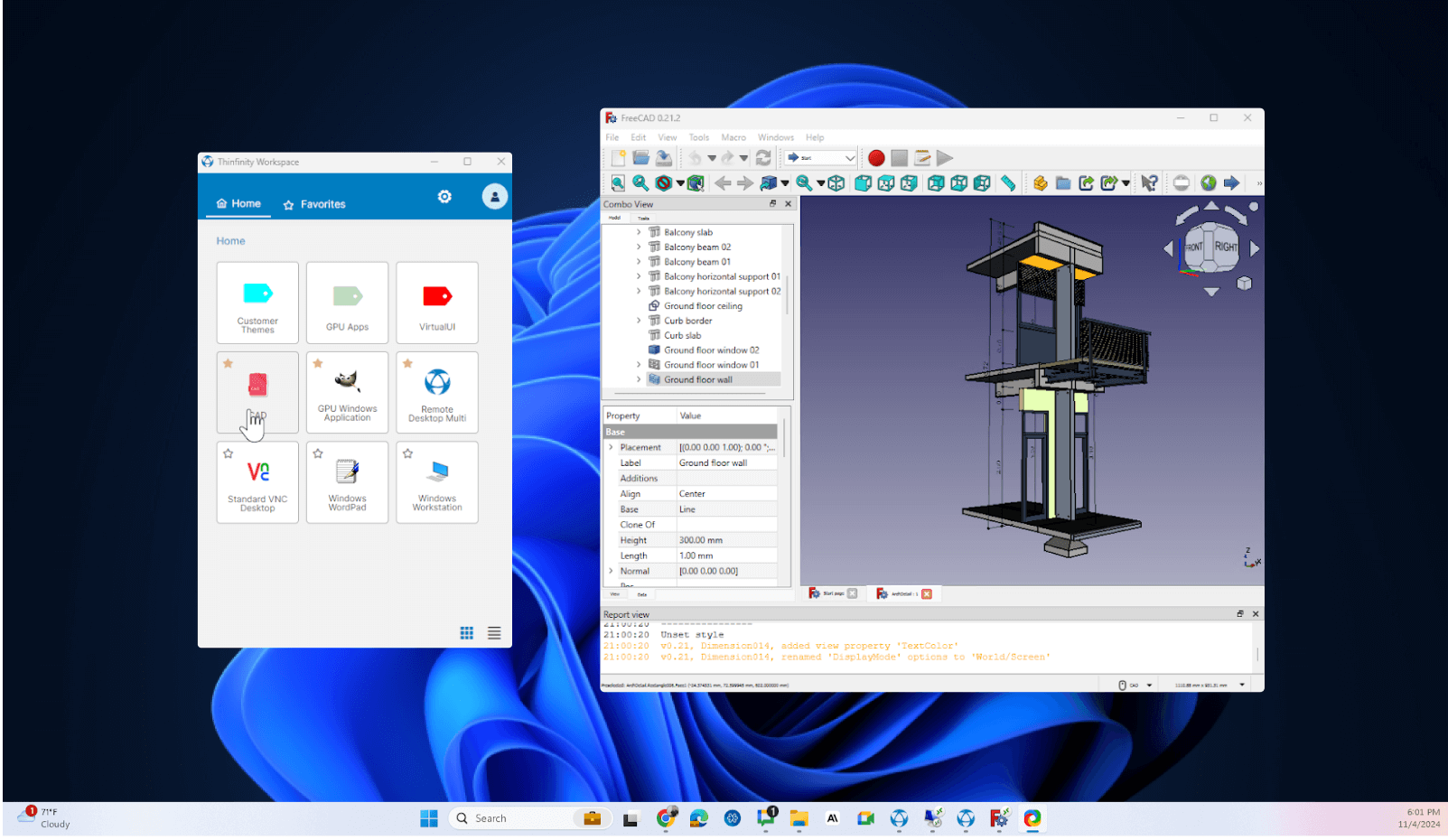 Thinfinity Workspace launcher mode running FreeCAD as a seamless virtual application, showcasing local virtualization capabilities