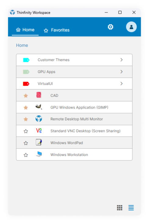 Thinfinity Workspace launcher mode displaying quick access categories like GPU Apps, VirtualUI, CAD, and multi-protocol remote desktop options.