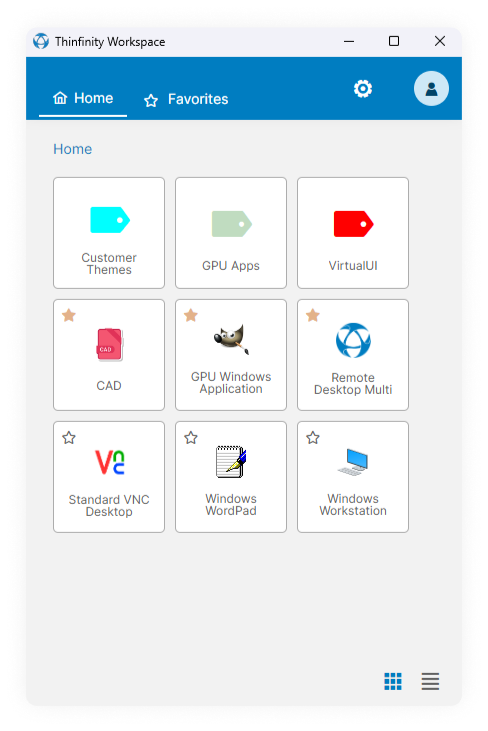 Thinfinity Workspace standard mode interface with remote desktop and application access categories including GPU Apps, CAD, VNC, and multi-monitor RDP