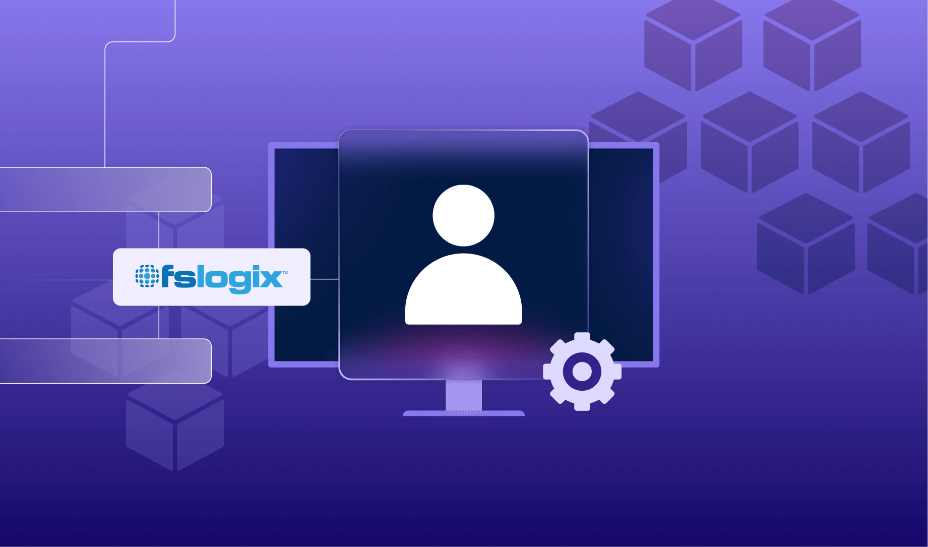 Visual representation of an FSLogix deep dive, featuring the FSLogix logo, a computer screen, and a user profile icon.