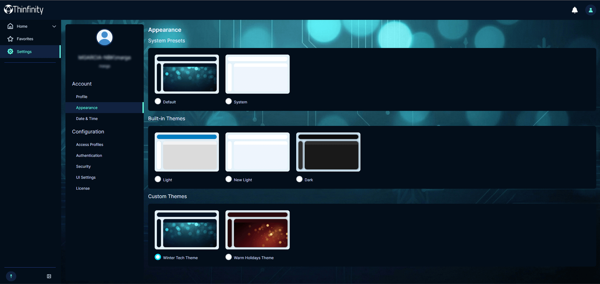 Appearance settings in Thinfinity Workspace showing built-in and custom theme selection for white labeling.