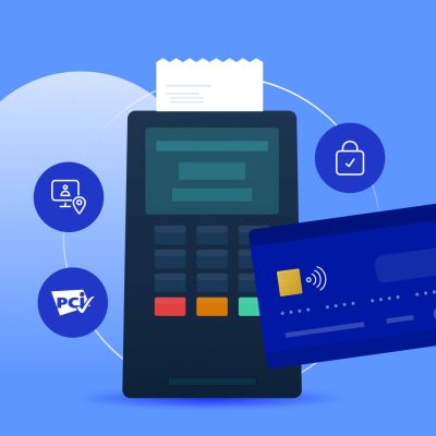 Secure retail VDI solutions for PCI-DSS 4.0 compliance. Payment terminal, card, and security icons.