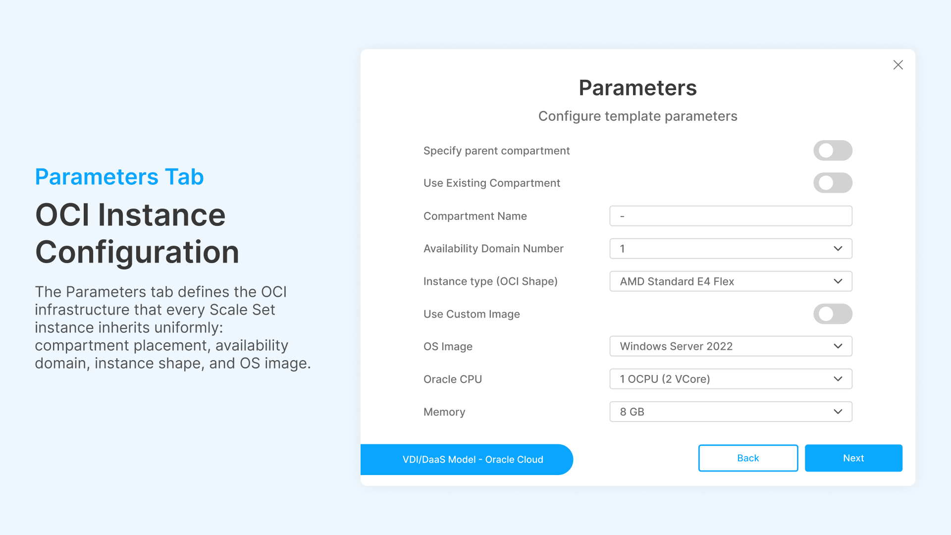 Configure OCI instance parameters for VDI auto-scaling & cloud cost optimization.