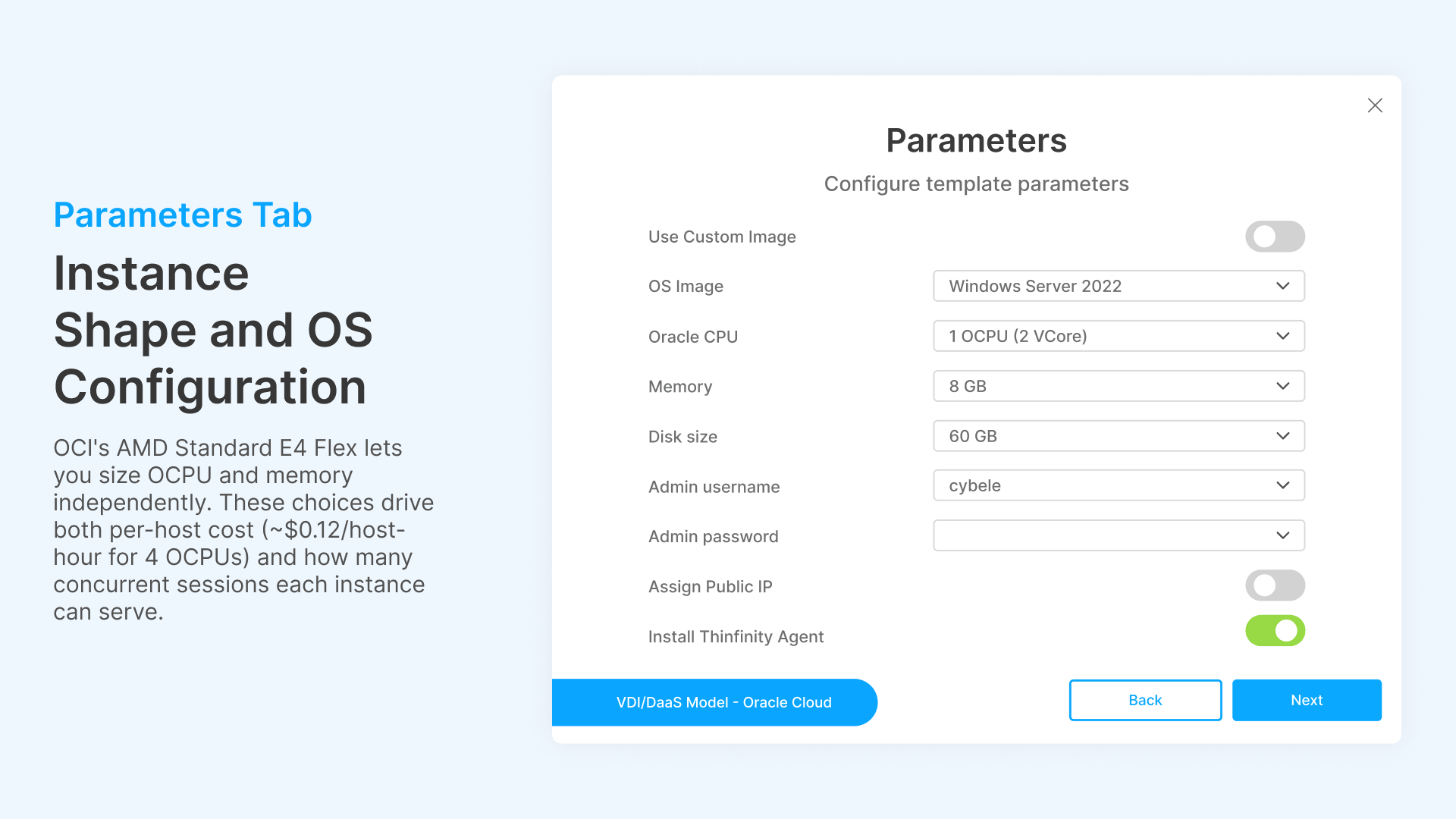 Configure VDI parameters for cloud cost optimization: OS, CPU, memory, disk, and Thinfinity Agent.