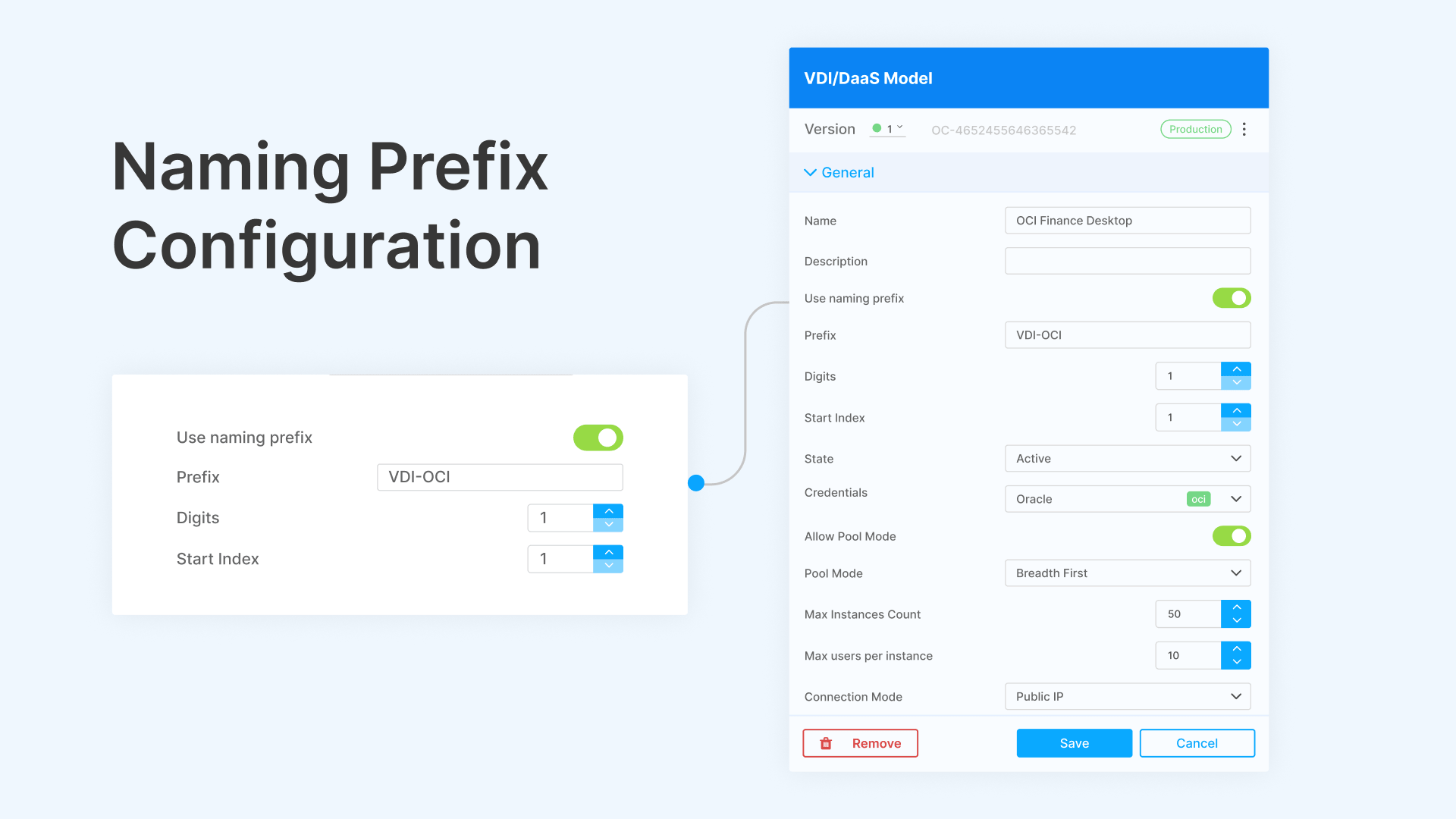 Optimize VDI cloud costs with auto-scaling engine. Configure naming prefixes for efficient resource management.