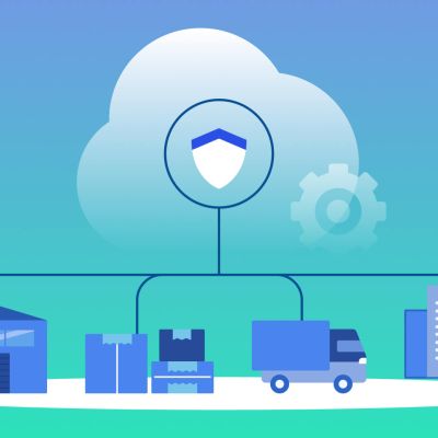 Retail supply chain VDI warehouse. Cloud security, warehouse, truck, and computer icons connected.