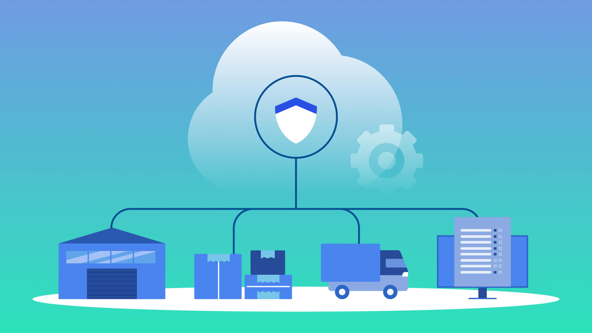 Retail supply chain VDI warehouse. Cloud security, warehouse, truck, and computer icons connected.